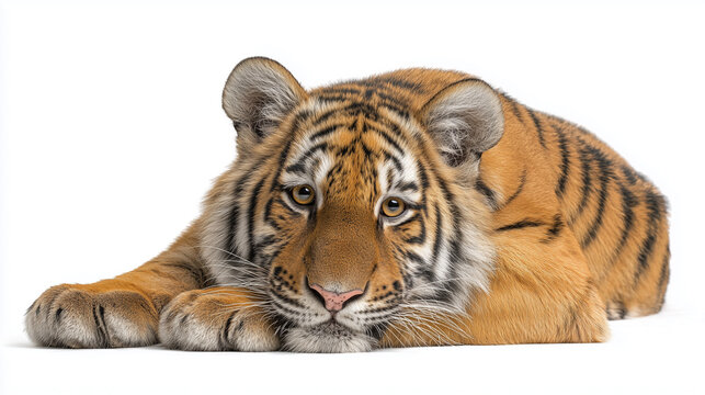 Cute Tiger Cub Resting on Clean White Surface