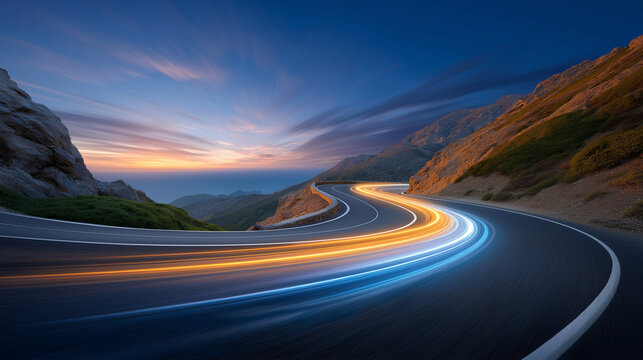 Dynamic Light Trails at Sharp Bend During Golden Hour