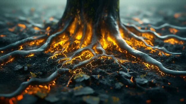 A mystical tree's roots glow with a fiery, hidden energy, revealing the powerful life force drawn from the earth below	
