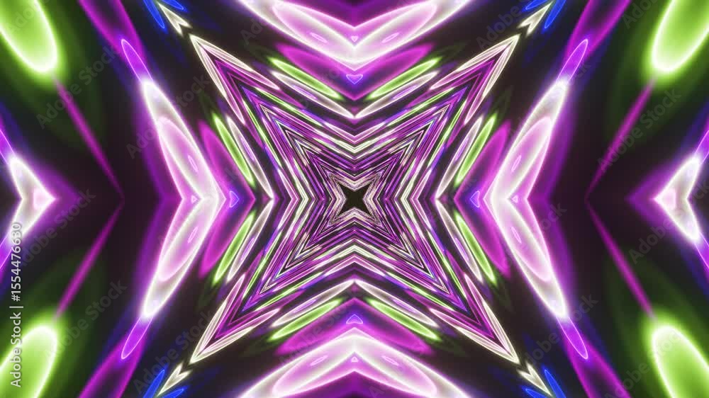 Poster symmetrical neon kaleidoscope lines motion loop. seamless loop of neon glowing lines forming kaleido