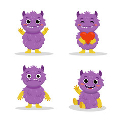 set of cute cartoon monster with heart on white background. Happy Alien. Funny purple monster in flat style. Vector illustration.