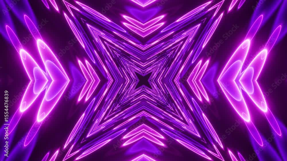 Poster seamless neon kaleidoscope animation with dark background. abstract glowing lines in kaleidoscopic g