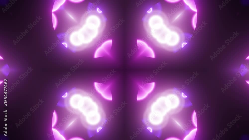 Poster neon light kaleidoscope seamless loop with central focus. glowing neon lines animated in kaleidoscop