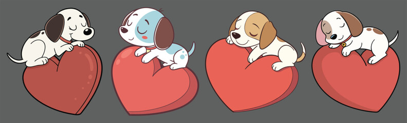 A cute baby dog animal sleeping on read heart. Adorable sleeping puppies on hearts simple flat design vector.