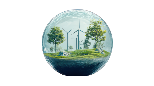 A spherical, transparent orb encloses a miniature, verdant landscape. Wind turbines stand amidst trees and rocks. Soft, natural light filters through the sphere