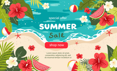 Bright summer sale banner with tropical flowers, beach, sea waves, watermelon and leaves. Vector design with special offer and shop now button. Perfect for seasonal promotions.