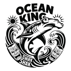 Ocean king hammerhead shark with tiki masks and waves art