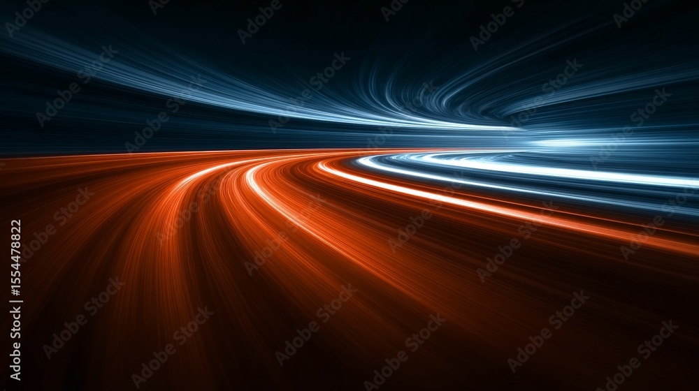Poster dynamic and futuristic orange and blue light trails creating a vortex of motion and speed effect