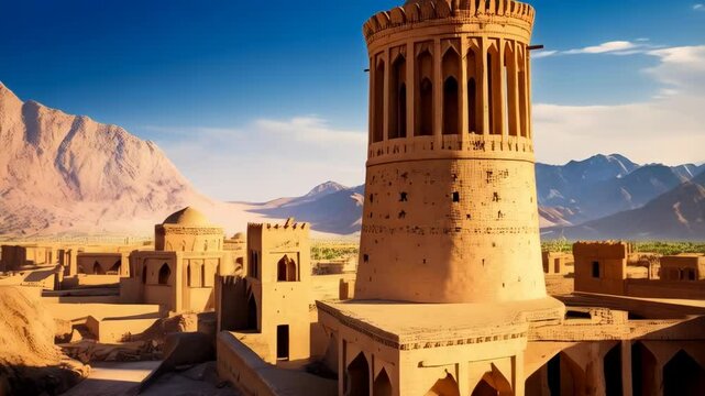Ancient Middle Eastern Windcatcher Architecture in Desert Landscape, Towering Structure with Intricate Details and Dome, Warm Tones
