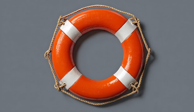 Vibrant photo of orange life preserver with white stripes on the sides, isolated against a solid gray background. The life preserver is made of plastic and has two ropes. - Powered by Adobe
