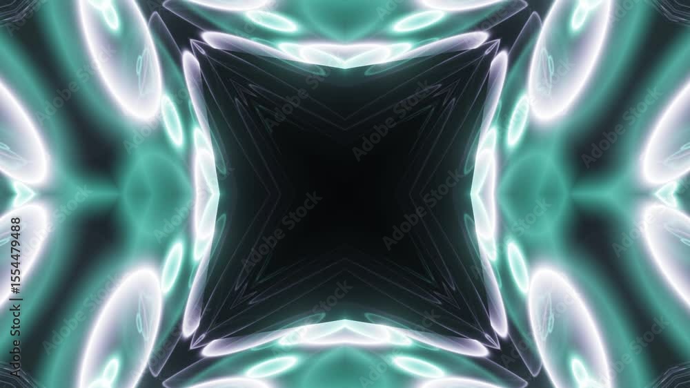 Poster dynamic neon kaleidoscope lines animation loop. seamless kaleidoscope pattern formed by glowing neon