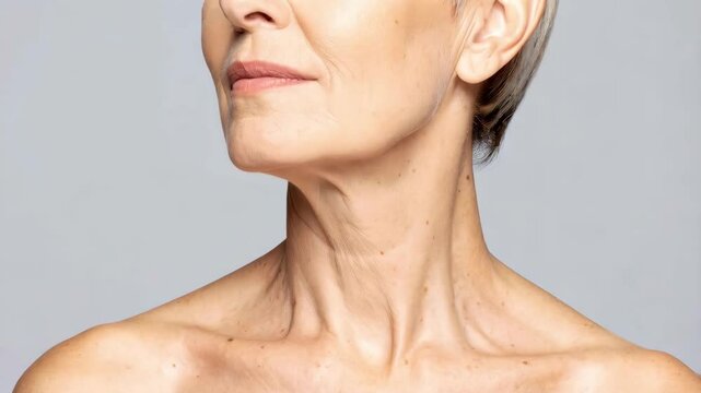 Mature woman displaying aging skin, with visible wrinkles and sagging skin on neck and d&eacute;colletage area, showcasing natural aging process