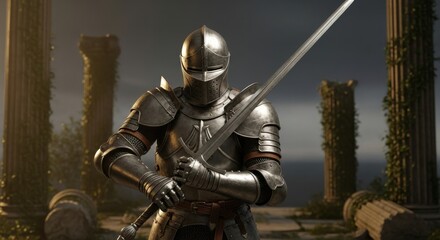 A medieval knight stands ready for battle holding his sword
