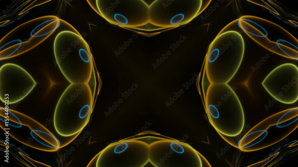 Poster glowing neon kaleidoscope lines animated loop. seamless loop of symmetrical neon lines forming dynam