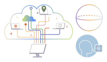 Cloud with linked devices, representing connectivity. Includes a voice recognition interface and a globe symbolizing global outreach. Ideal for technology, data, AI, communication, innovation, global