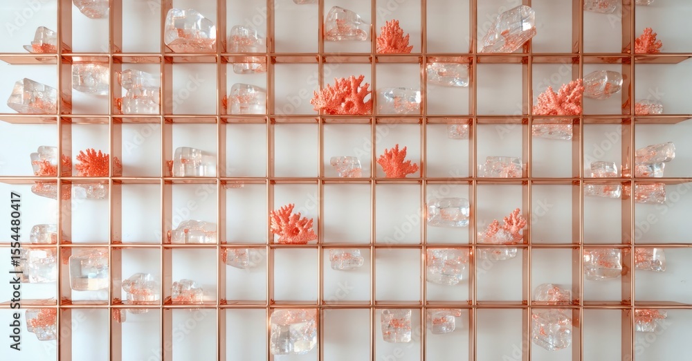 Aufkleber Grid structure displays coral, crystals. Copper framework holds objects, creating modern wall art installation. Minimalist aesthetic.