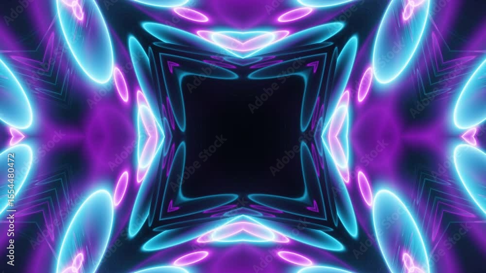 Poster neon kaleidoscope seamless loop with central focus. bright glowing neon lines forming kaleidoscopic 