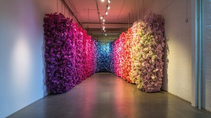 Colorful floral walls create a vibrant hallway display.