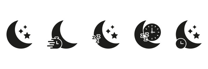 Moon And Sleep Icons Solid Icon Set. Nighttime, Sleep Tracking, And Restful Sleep Silhouette Symbol Collection. Sleep Quality And Night Routine Representation. Isolated Vector Illustration