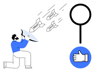 Person wielding shield blocking DDOS missiles, magnifying glass symbolizing analysis, thumbs-up for security approval. Ideal for cybersecurity, protection, risk management, threat detection, IT