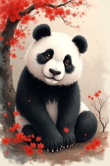 Illustration depicting a giant panda on the background of a blooming garden. The drawing is made in Chinese style.