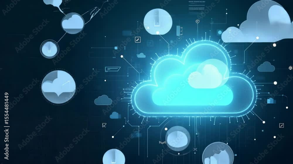 Poster futuristic cloud strategy: digital blueprints & it frameworks for enterprise transformation - stock 