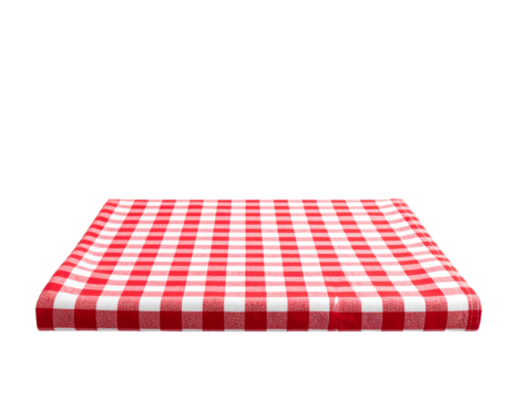 Red and white checked tablecloth on flat surface.