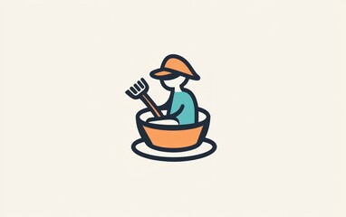 Cartoon person in bowl, holding a rake