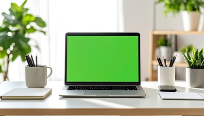 Laptop on Office Desk with Coffee Cup and Keyboard Nearby