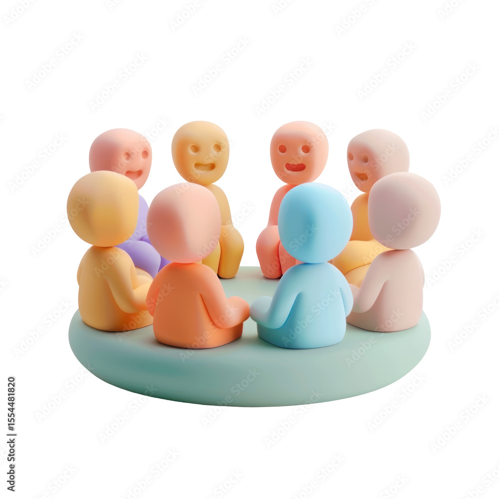 Poster colorful 3d characters sitting in a circle, engaging in conversation and interaction in a playful en