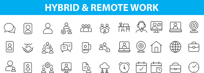 Hybrid and Remote Work Line Icons – Laptop, Home Office, Video Call, Time Tracker, Cloud, Flexible Desk, Task Sharing, and More, Editable Formats: AI, EPS, JPG, PNG , Ideal for Both Digital and Print