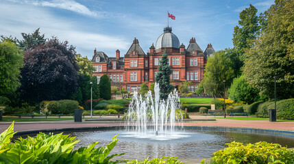 A magnificent town hall in the West Midlands with a fountain in its courtyard. Illustration of popular places in the world.