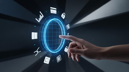 Hand Interacting with Blue Global Network Interface Icons