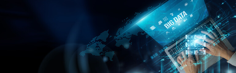 Businessman uses laptop and Big Data analytics optimize decision-making processes through real-time insights, predictive modeling, machine learning algorithms, structured-unstructured data integration