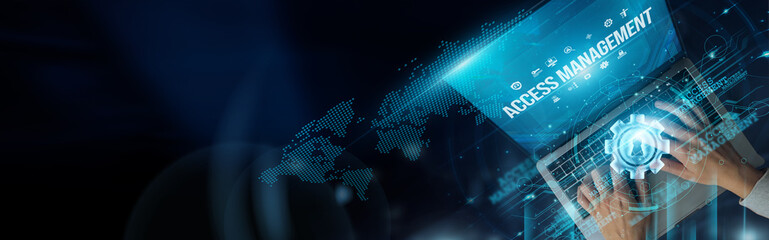Businessmen use laptops and Access Management systems to securely control, monitor, and restrict...