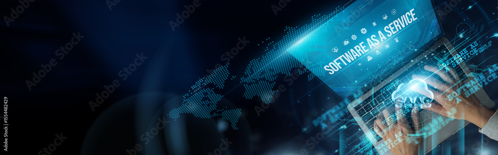 Poster businessmen use laptops and software as a service to access cloud-based applications easily, enablin