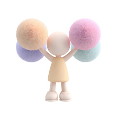 Cheerful 3D Character Holding Colorful Pom Poms in Pastel Shades for Celebration or Sport Theme