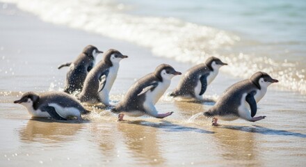 Adorable baby penguins waddle along the sunny beach shoreline