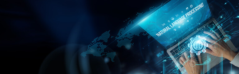 NLP. Businessman use laptop and Natural Language Processing to analyze customer feedback, extract...