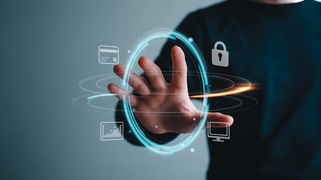 Hand Interacting with Teal Digital Interface Showing Security and Finance Icons