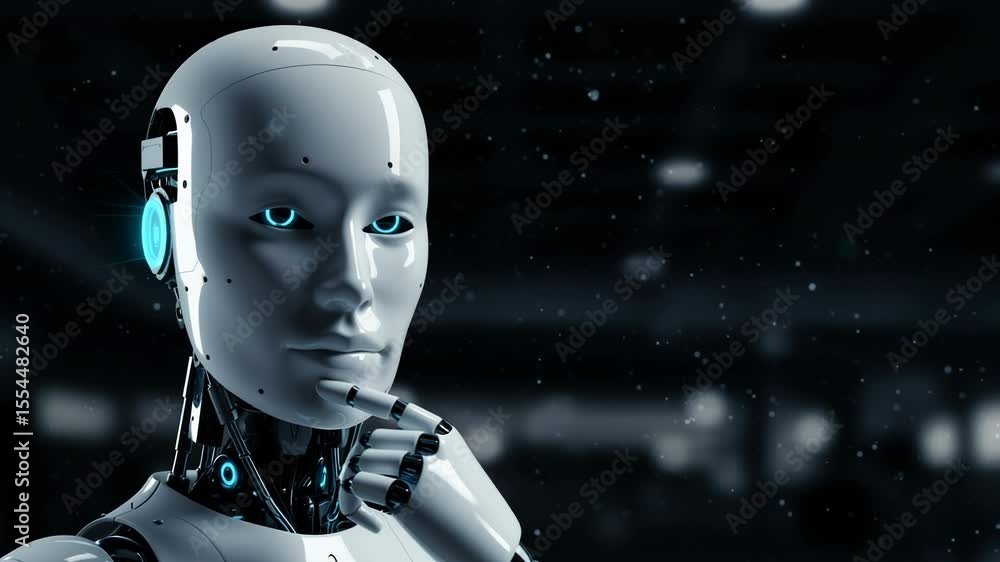 Poster artificial intelligence robot contemplates the future in a digital world