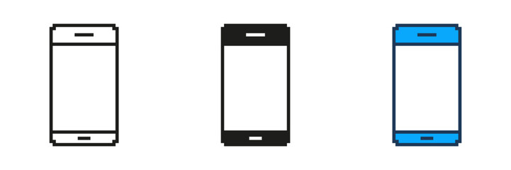 Smartphone Icon Set In Pixel Art. Pixelated Mobile Device Display. Isolated Vector Illustration