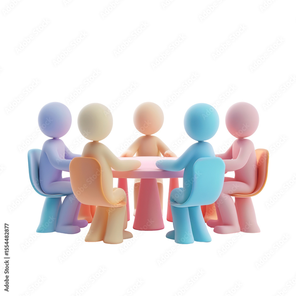 Poster colorful 3d characters engaged in a collaborative meeting around a round table in a bright and engag