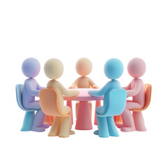 Colorful 3D Characters Engaged in a Collaborative Meeting Around a Round Table in a Bright and Engaging Workspace