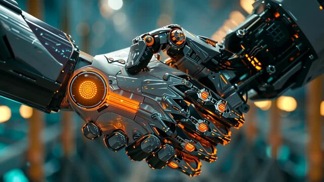 handshake robots integrating with human body, cybernetic technologies and concept of human-machine interface biotech industry robotics healthcare
