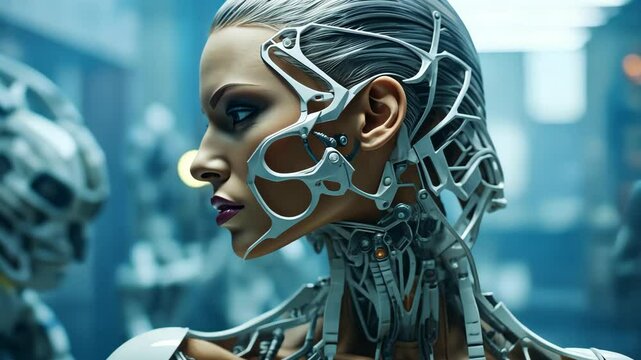 futuristic robot woman integrating with human body, cybernetic technology and human-machine interface concept biotech industry robotics healthcare