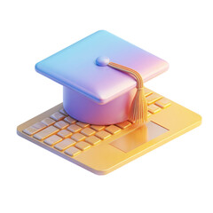 3D Rendered Graduation Cap on Computer Keyboard Symbolizing Online Education and Learning in Modern Digital Environment