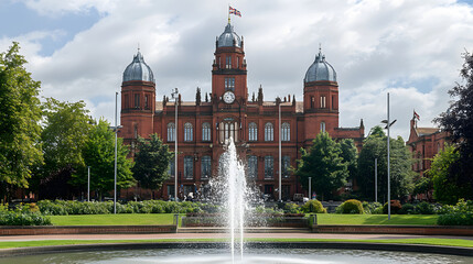 A magnificent town hall in the West Midlands with a fountain in its courtyard. Illustration of popular places in the world.