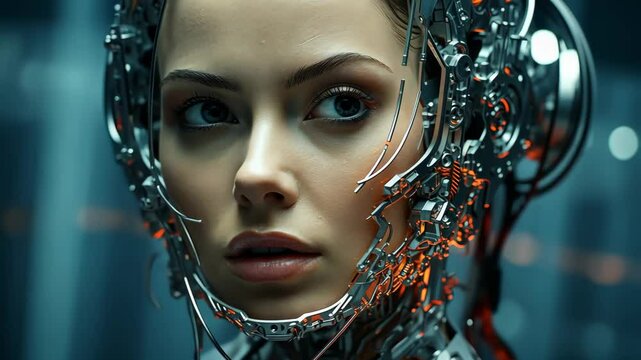 futuristic robot woman integrating with human body, cybernetic technology and human-machine interface concept biotech industry robotics healthcare