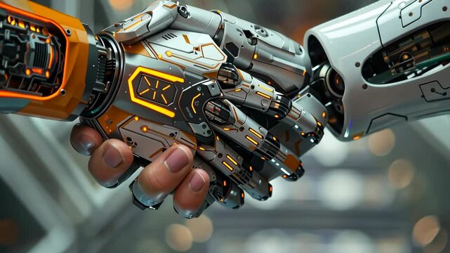 handshake robots integrating with human body, cybernetic technologies and concept of human-machine interface biotech industry robotics healthcare